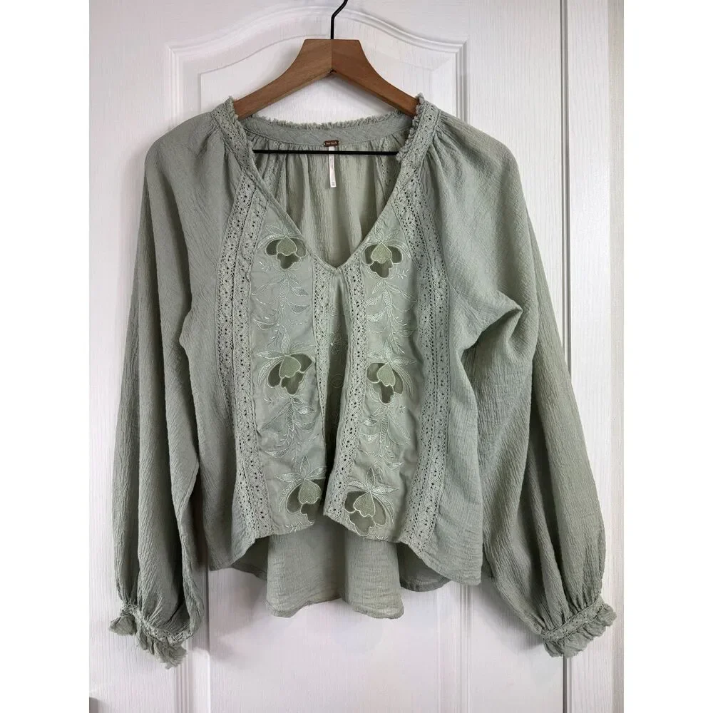 Free People Women's Sivan Embroidered Blouse Moss Green Long Sleeve Size XS - Picture 1 of 12